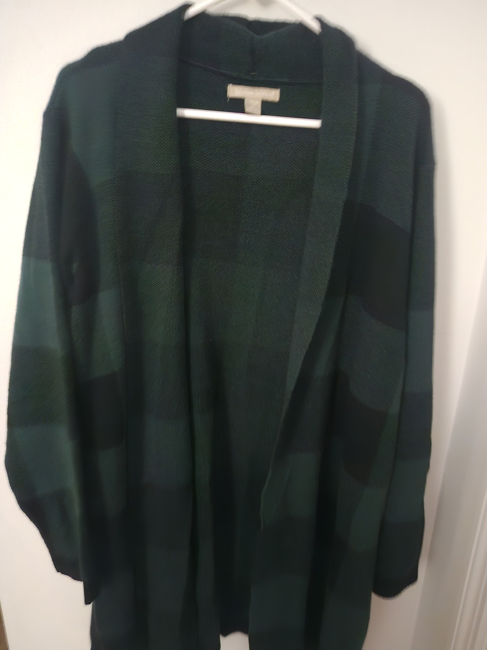 Woman Within Green and Black Plaid Open-Front Cardigan